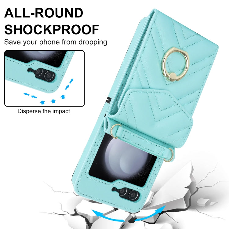 For Samsung Galaxy Z Flip5 V-shaped RFID Card Slot Phone Case with Ring Holder(Green) - Galaxy Z Flip5 Cases by buy2fix | Online Shopping UK | buy2fix