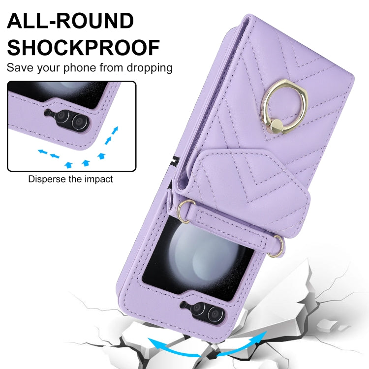 For Samsung Galaxy Z Flip5 V-shaped RFID Card Slot Phone Case with Ring Holder(Purple) - Galaxy Z Flip5 Cases by buy2fix | Online Shopping UK | buy2fix