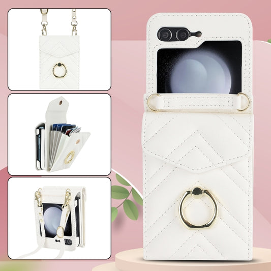 For Samsung Galaxy Z Flip6 V-shaped RFID Card Slot Phone Case with Ring Holder(White) - Galaxy Z Flip6 5G Cases by buy2fix | Online Shopping UK | buy2fix