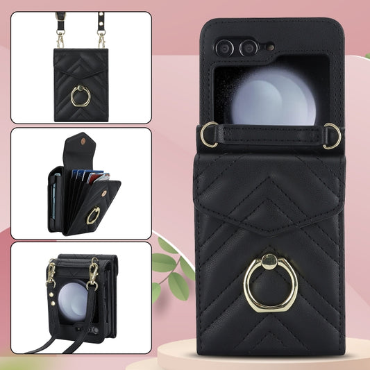 For Samsung Galaxy Z Flip6 V-shaped RFID Card Slot Phone Case with Ring Holder(Black) - Galaxy Z Flip6 5G Cases by buy2fix | Online Shopping UK | buy2fix