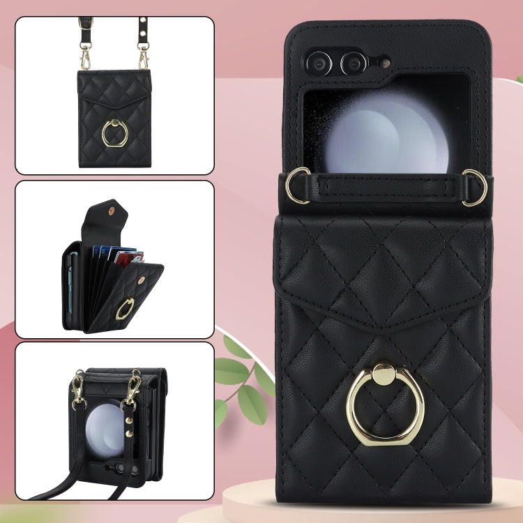 For Samsung Galaxy Z Flip5 Diamond Lattice RFID Card Slot Phone Case with Ring Holder(Black) - Galaxy Z Flip5 Cases by buy2fix | Online Shopping UK | buy2fix