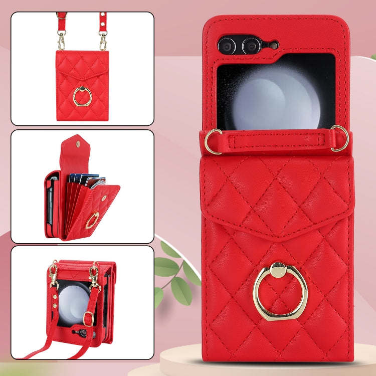 For Samsung Galaxy Z Flip5 Diamond Lattice RFID Card Slot Phone Case with Ring Holder(Red) - Galaxy Z Flip5 Cases by buy2fix | Online Shopping UK | buy2fix