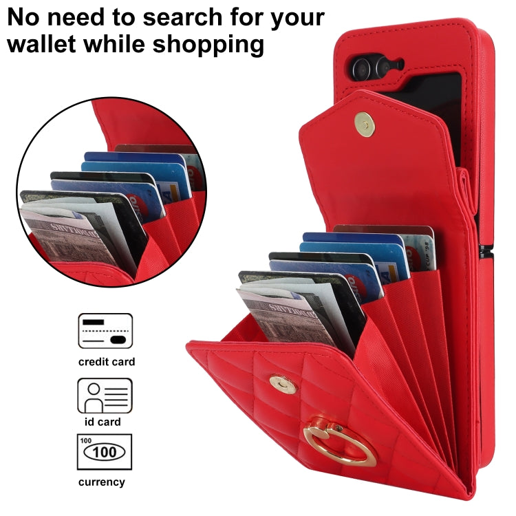 For Samsung Galaxy Z Flip5 Diamond Lattice RFID Card Slot Phone Case with Ring Holder(Red) - Galaxy Z Flip5 Cases by buy2fix | Online Shopping UK | buy2fix