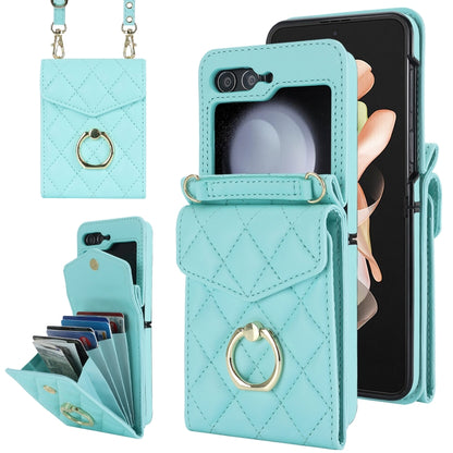 For Samsung Galaxy Z Flip5 Diamond Lattice RFID Card Slot Phone Case with Ring Holder(Green) - Galaxy Z Flip5 Cases by buy2fix | Online Shopping UK | buy2fix