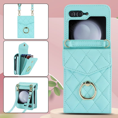 For Samsung Galaxy Z Flip5 Diamond Lattice RFID Card Slot Phone Case with Ring Holder(Green) - Galaxy Z Flip5 Cases by buy2fix | Online Shopping UK | buy2fix