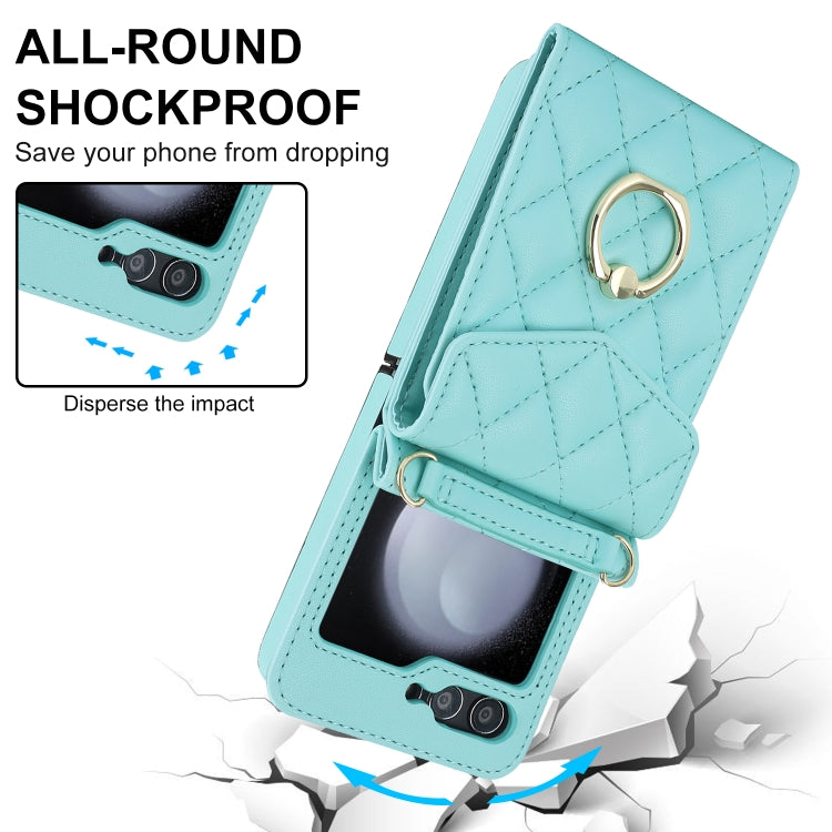 For Samsung Galaxy Z Flip5 Diamond Lattice RFID Card Slot Phone Case with Ring Holder(Green) - Galaxy Z Flip5 Cases by buy2fix | Online Shopping UK | buy2fix