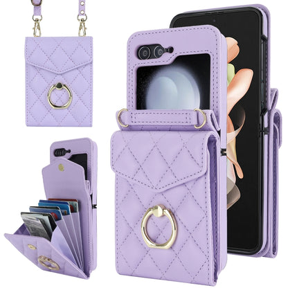 For Samsung Galaxy Z Flip5 Diamond Lattice RFID Card Slot Phone Case with Ring Holder(Purple) - Galaxy Z Flip5 Cases by buy2fix | Online Shopping UK | buy2fix