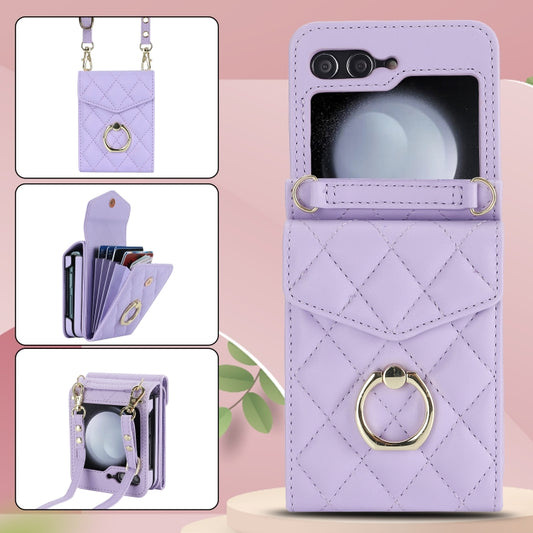 For Samsung Galaxy Z Flip5 Diamond Lattice RFID Card Slot Phone Case with Ring Holder(Purple) - Galaxy Z Flip5 Cases by buy2fix | Online Shopping UK | buy2fix