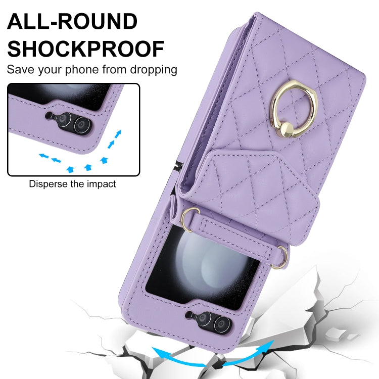 For Samsung Galaxy Z Flip5 Diamond Lattice RFID Card Slot Phone Case with Ring Holder(Purple) - Galaxy Z Flip5 Cases by buy2fix | Online Shopping UK | buy2fix