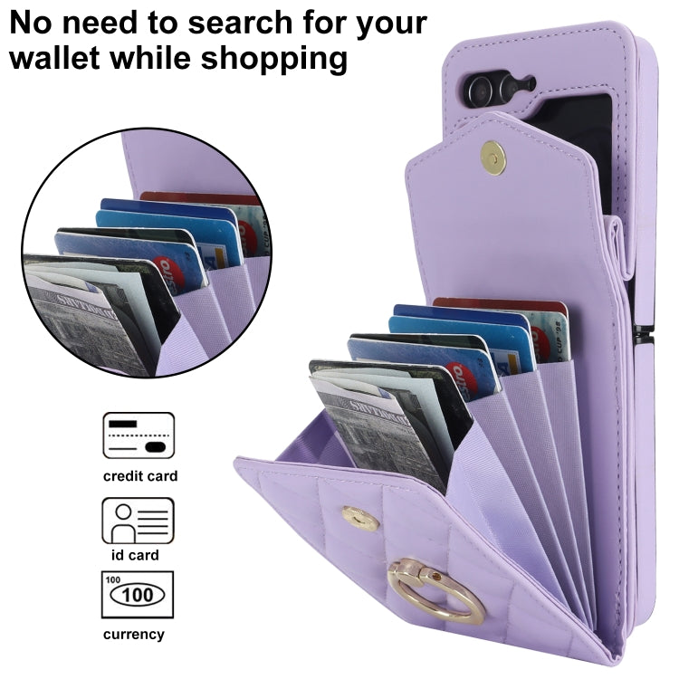 For Samsung Galaxy Z Flip5 Diamond Lattice RFID Card Slot Phone Case with Ring Holder(Purple) - Galaxy Z Flip5 Cases by buy2fix | Online Shopping UK | buy2fix
