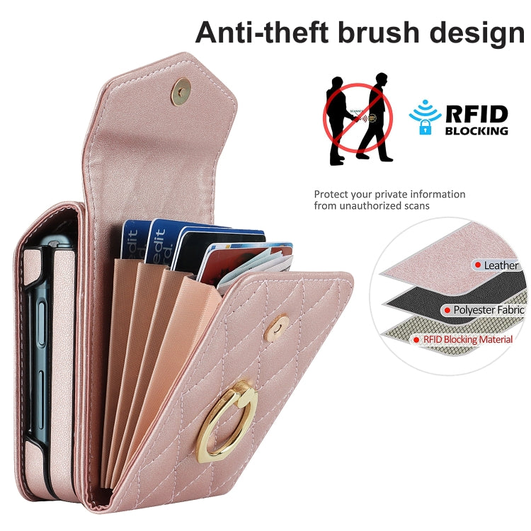 For Samsung Galaxy Z Flip5 Diamond Lattice RFID Card Slot Phone Case with Ring Holder(Rose Gold) - Galaxy Z Flip5 Cases by buy2fix | Online Shopping UK | buy2fix