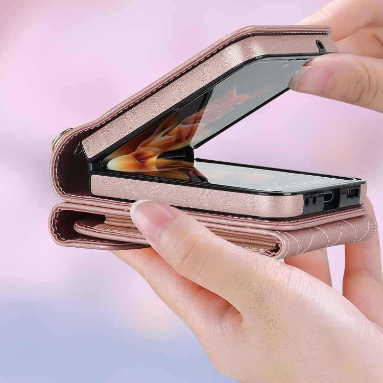 For Samsung Galaxy Z Flip5 Diamond Lattice RFID Card Slot Phone Case with Ring Holder(Rose Gold) - Galaxy Z Flip5 Cases by buy2fix | Online Shopping UK | buy2fix