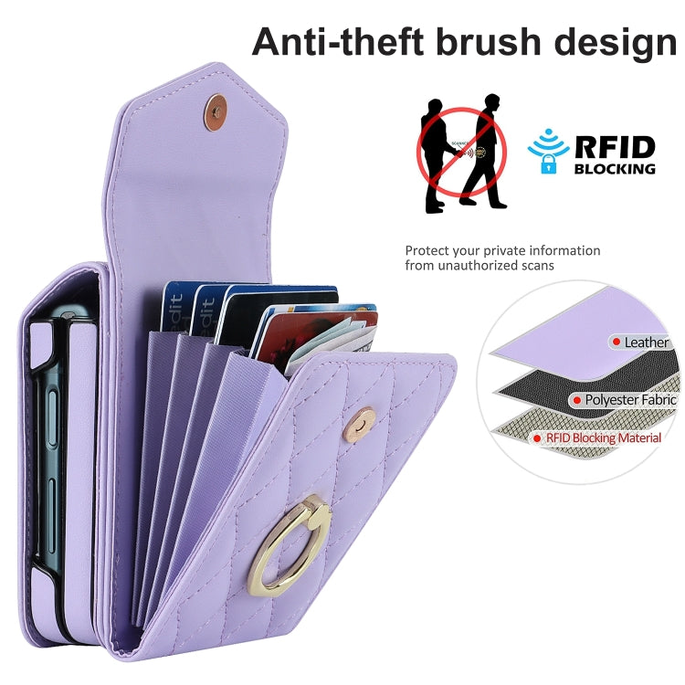 For Samsung Galaxy Z Flip6 / Flip7 FE Diamond Lattice RFID Card Slot Phone Case with Ring Holder(Purple) - Galaxy Z Flip6 5G Cases by buy2fix | Online Shopping UK | buy2fix