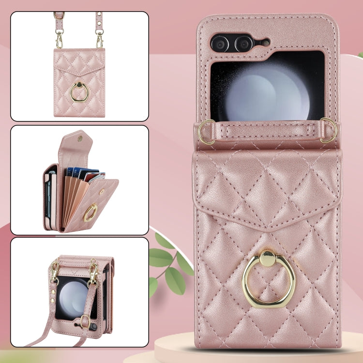 For Samsung Galaxy Z Flip6 Diamond Lattice RFID Card Slot Phone Case with Ring Holder(Rose Gold) - Galaxy Z Flip6 5G Cases by buy2fix | Online Shopping UK | buy2fix