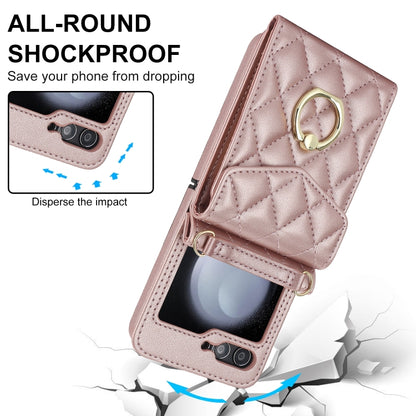 For Samsung Galaxy Z Flip6 Diamond Lattice RFID Card Slot Phone Case with Ring Holder(Rose Gold) - Galaxy Z Flip6 5G Cases by buy2fix | Online Shopping UK | buy2fix