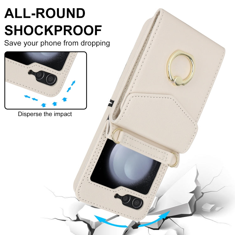 For Samsung Galaxy Z Flip5 Litchi Texture RFID Card Slot Phone Case with Ring Holder(White) - Galaxy Z Flip5 Cases by buy2fix | Online Shopping UK | buy2fix