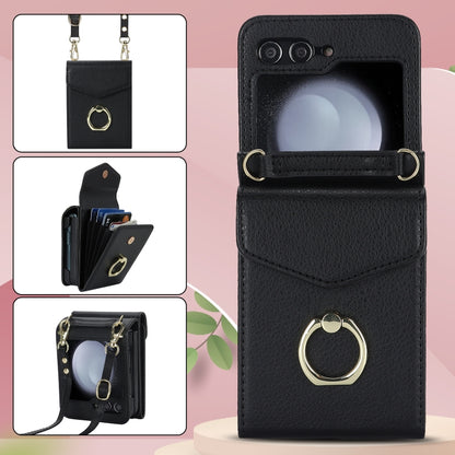 For Samsung Galaxy Z Flip5 Litchi Texture RFID Card Slot Phone Case with Ring Holder(Black) - Galaxy Z Flip5 Cases by buy2fix | Online Shopping UK | buy2fix