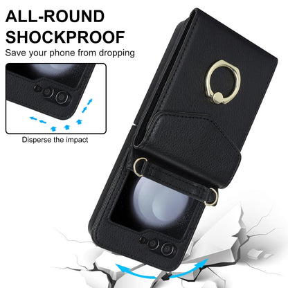 For Samsung Galaxy Z Flip5 Litchi Texture RFID Card Slot Phone Case with Ring Holder(Black) - Galaxy Z Flip5 Cases by buy2fix | Online Shopping UK | buy2fix