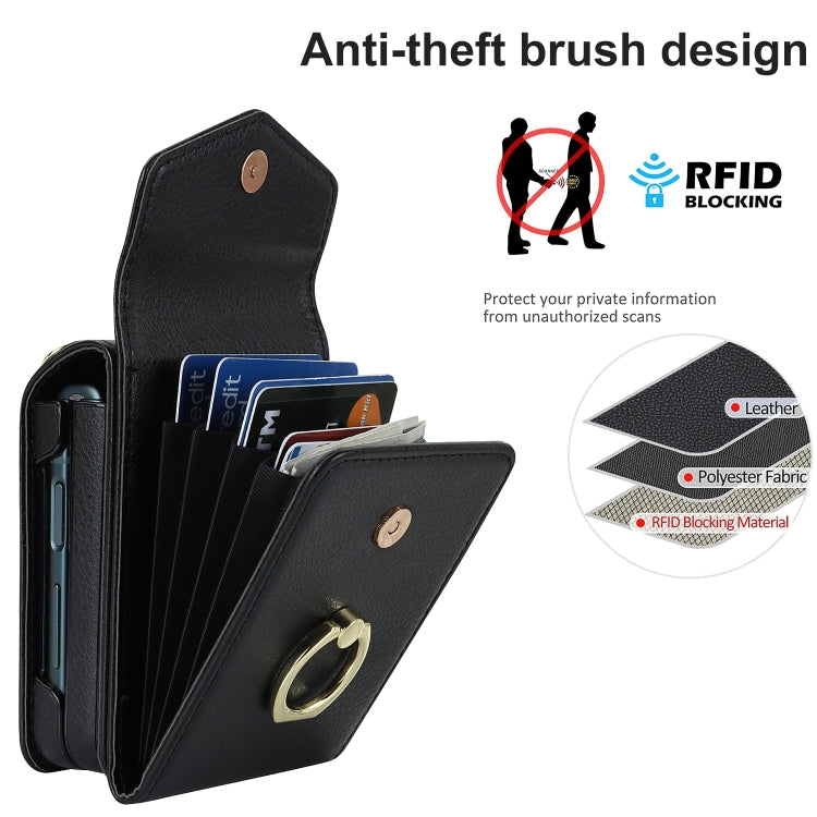For Samsung Galaxy Z Flip5 Litchi Texture RFID Card Slot Phone Case with Ring Holder(Black) - Galaxy Z Flip5 Cases by buy2fix | Online Shopping UK | buy2fix