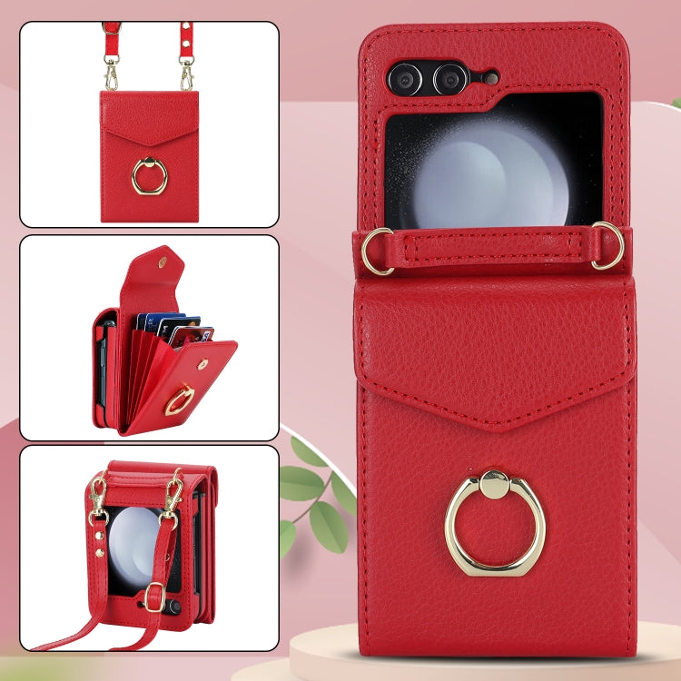 For Samsung Galaxy Z Flip5 Litchi Texture RFID Card Slot Phone Case with Ring Holder(Red) - Galaxy Z Flip5 Cases by buy2fix | Online Shopping UK | buy2fix