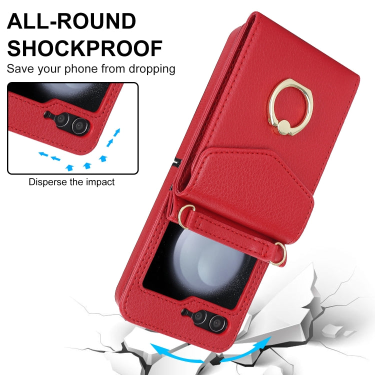 For Samsung Galaxy Z Flip5 Litchi Texture RFID Card Slot Phone Case with Ring Holder(Red) - Galaxy Z Flip5 Cases by buy2fix | Online Shopping UK | buy2fix