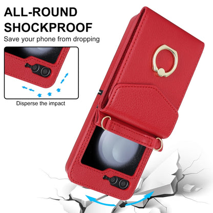 For Samsung Galaxy Z Flip5 Litchi Texture RFID Card Slot Phone Case with Ring Holder(Red) - Galaxy Z Flip5 Cases by buy2fix | Online Shopping UK | buy2fix
