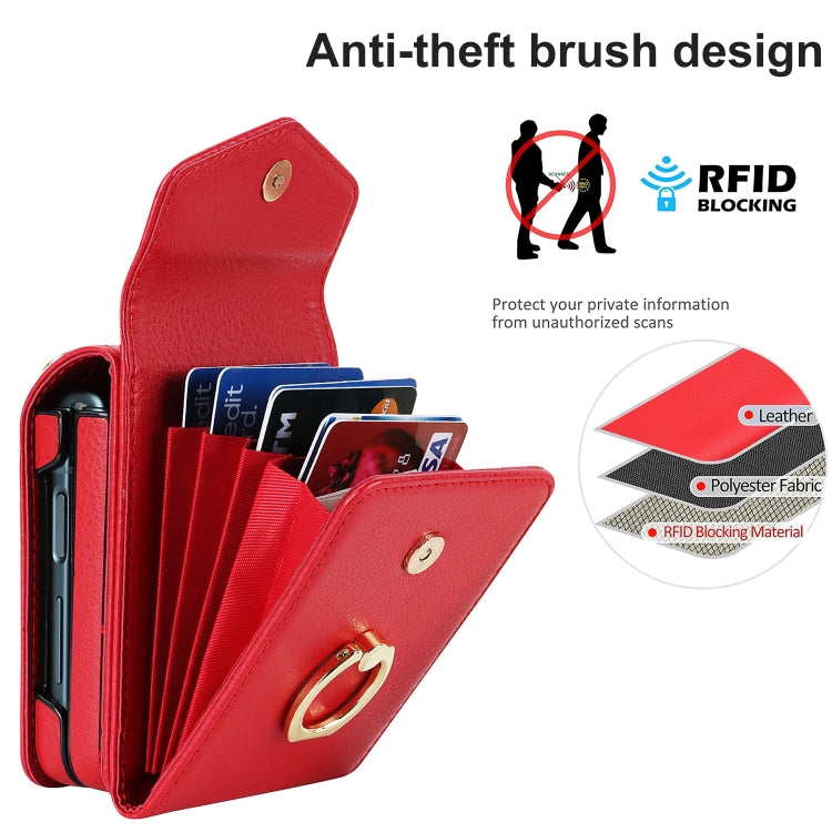 For Samsung Galaxy Z Flip5 Litchi Texture RFID Card Slot Phone Case with Ring Holder(Red) - Galaxy Z Flip5 Cases by buy2fix | Online Shopping UK | buy2fix