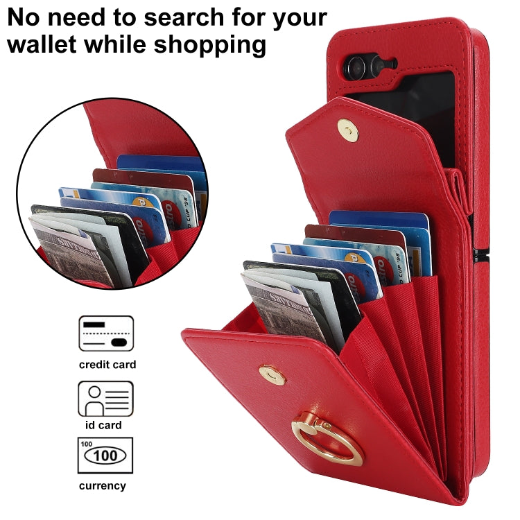 For Samsung Galaxy Z Flip5 Litchi Texture RFID Card Slot Phone Case with Ring Holder(Red) - Galaxy Z Flip5 Cases by buy2fix | Online Shopping UK | buy2fix
