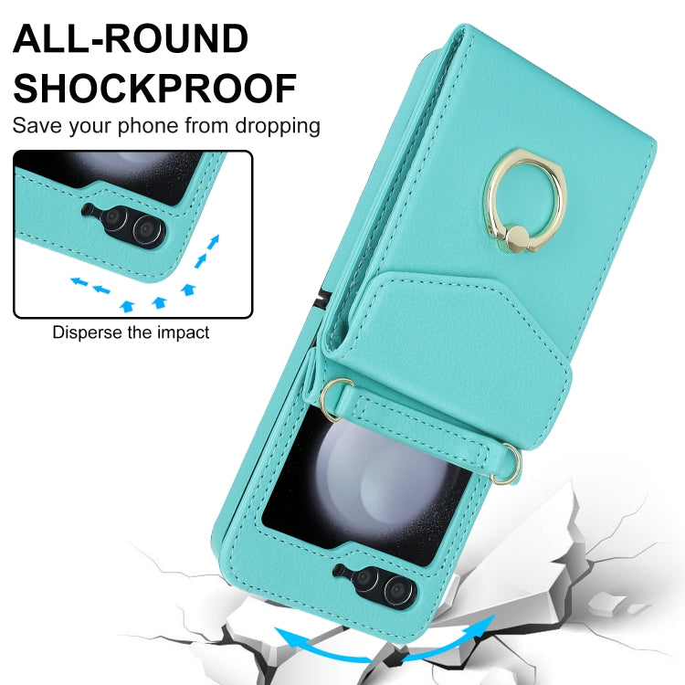 For Samsung Galaxy Z Flip5 Litchi Texture RFID Card Slot Phone Case with Ring Holder(Green) - Galaxy Z Flip5 Cases by buy2fix | Online Shopping UK | buy2fix