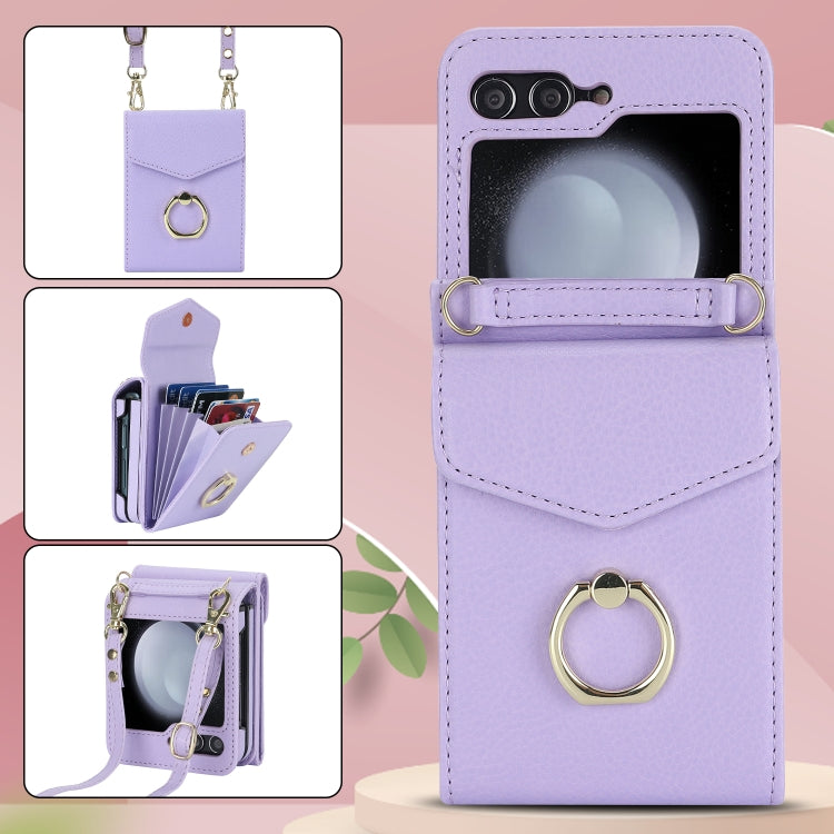 For Samsung Galaxy Z Flip5 Litchi Texture RFID Card Slot Phone Case with Ring Holder(Purple) - Galaxy Z Flip5 Cases by buy2fix | Online Shopping UK | buy2fix