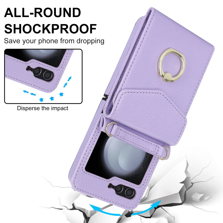 For Samsung Galaxy Z Flip5 Litchi Texture RFID Card Slot Phone Case with Ring Holder(Purple) - Galaxy Z Flip5 Cases by buy2fix | Online Shopping UK | buy2fix