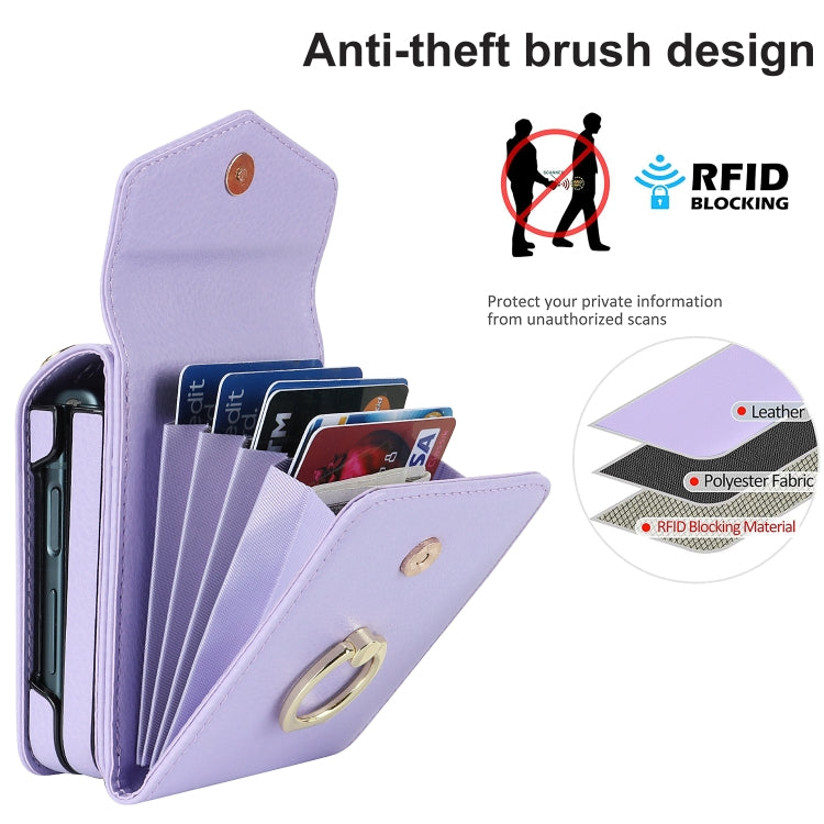 For Samsung Galaxy Z Flip5 Litchi Texture RFID Card Slot Phone Case with Ring Holder(Purple) - Galaxy Z Flip5 Cases by buy2fix | Online Shopping UK | buy2fix