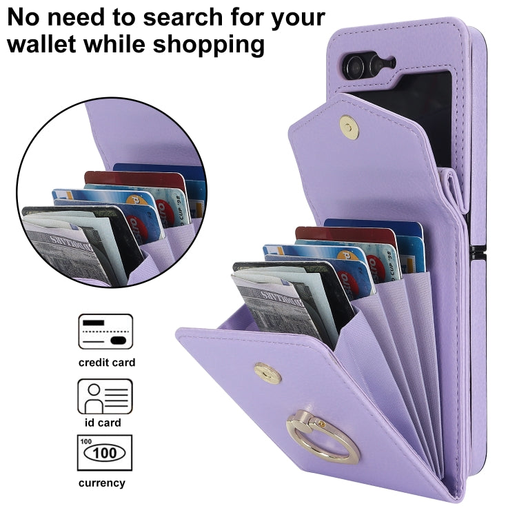 For Samsung Galaxy Z Flip5 Litchi Texture RFID Card Slot Phone Case with Ring Holder(Purple) - Galaxy Z Flip5 Cases by buy2fix | Online Shopping UK | buy2fix