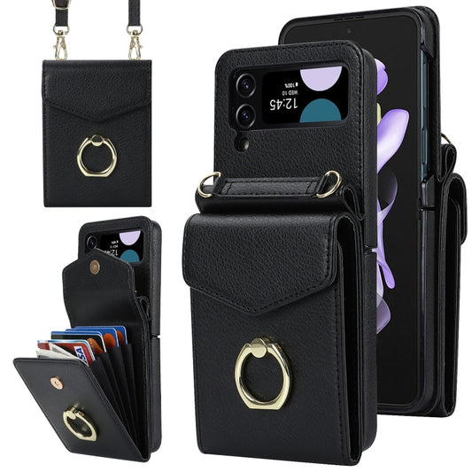 For Samsung Galaxy Z Flip4 Litchi Texture RFID Card Slot Phone Case with Ring Holder(Black) - Galaxy Z Flip4 5G Cases by buy2fix | Online Shopping UK | buy2fix