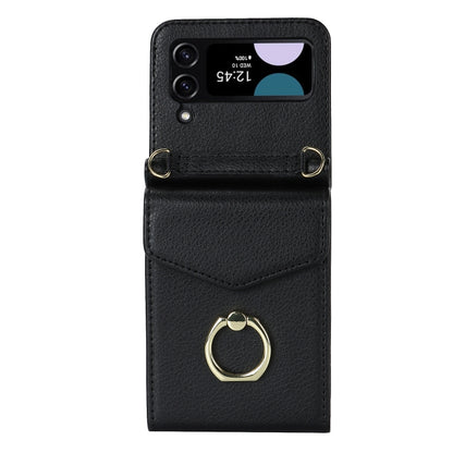For Samsung Galaxy Z Flip4 Litchi Texture RFID Card Slot Phone Case with Ring Holder(Black) - Galaxy Z Flip4 5G Cases by buy2fix | Online Shopping UK | buy2fix