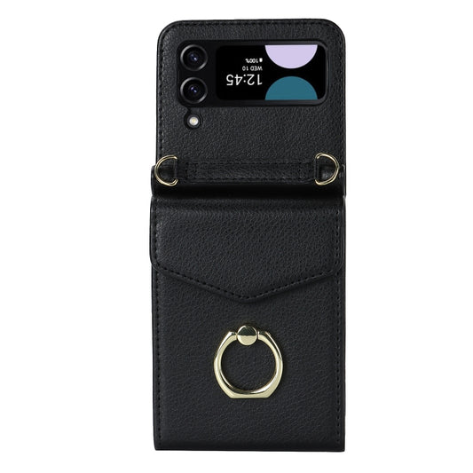 For Samsung Galaxy Z Flip4 Litchi Texture RFID Card Slot Phone Case with Ring Holder(Black) - Galaxy Z Flip4 5G Cases by buy2fix | Online Shopping UK | buy2fix