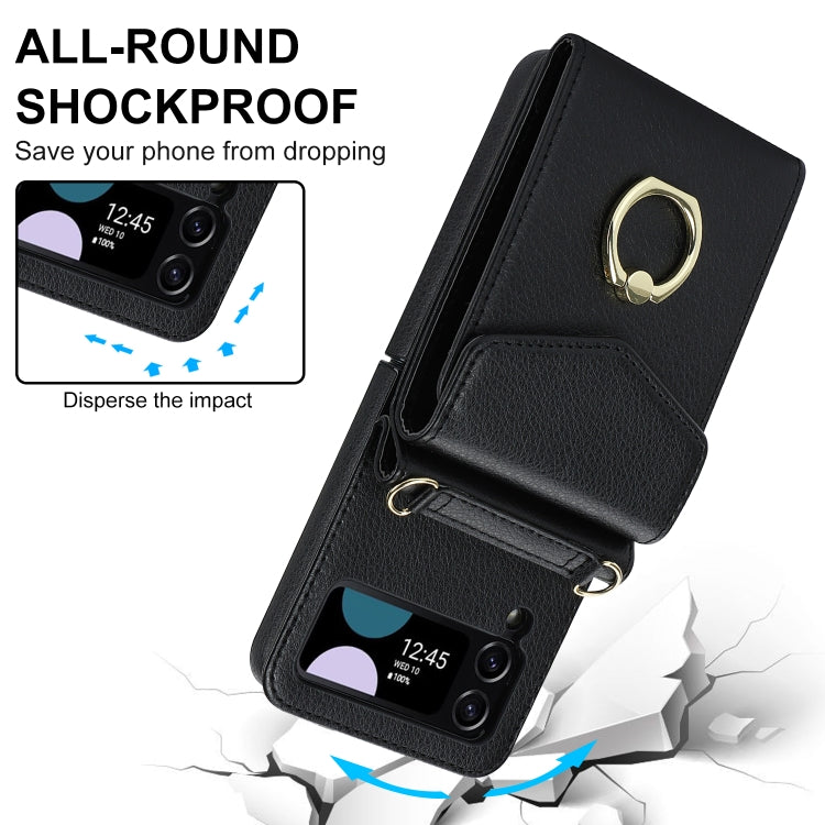 For Samsung Galaxy Z Flip4 Litchi Texture RFID Card Slot Phone Case with Ring Holder(Black) - Galaxy Z Flip4 5G Cases by buy2fix | Online Shopping UK | buy2fix