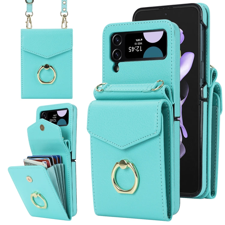 For Samsung Galaxy Z Flip4 Litchi Texture RFID Card Slot Phone Case with Ring Holder(Green) - Galaxy Z Flip4 5G Cases by buy2fix | Online Shopping UK | buy2fix