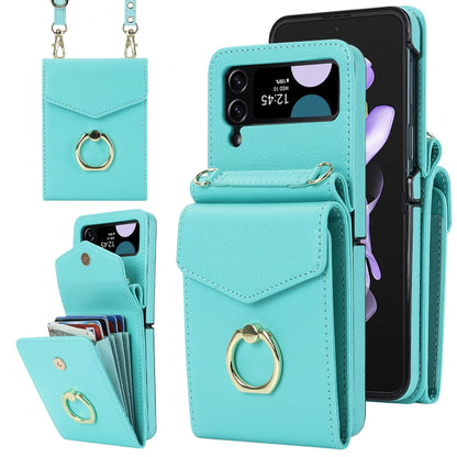 For Samsung Galaxy Z Flip4 Litchi Texture RFID Card Slot Phone Case with Ring Holder(Green) - Galaxy Z Flip4 5G Cases by buy2fix | Online Shopping UK | buy2fix