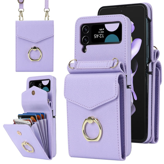 For Samsung Galaxy Z Flip4 Litchi Texture RFID Card Slot Phone Case with Ring Holder(Purple) - Galaxy Z Flip4 5G Cases by buy2fix | Online Shopping UK | buy2fix
