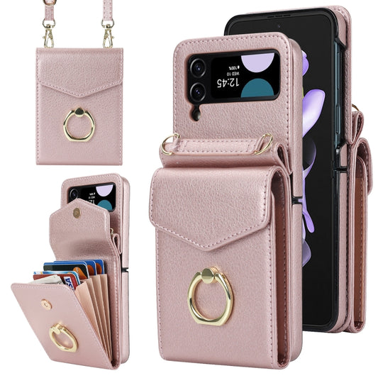 For Samsung Galaxy Z Flip4 Litchi Texture RFID Card Slot Phone Case with Ring Holder(Rose Gold) - Galaxy Z Flip4 5G Cases by buy2fix | Online Shopping UK | buy2fix