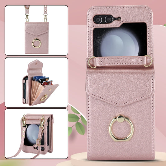 For Samsung Galaxy Z Flip6 / Flip7 FE Litchi Texture RFID Card Slot Phone Case with Ring Holder(Rose Gold) - Galaxy Z Flip6 5G Cases by buy2fix | Online Shopping UK | buy2fix