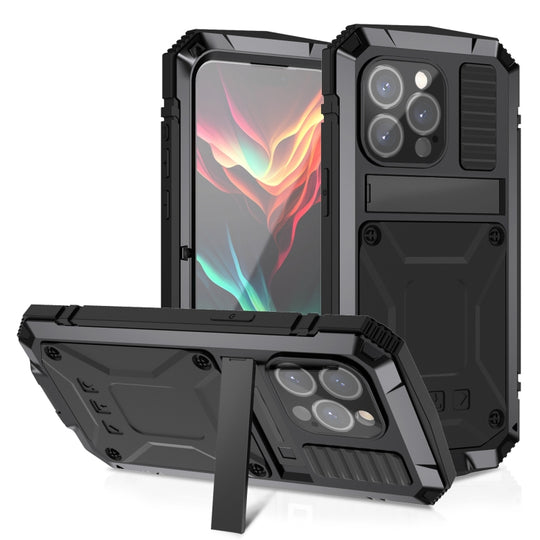 For iPhone 15 Pro Max R-JUST Shockproof Life Waterproof Dust-proof Metal + Silicone Phone Case with Holder(Black)