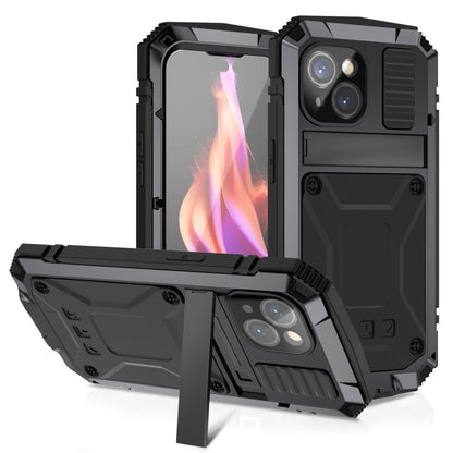 For iPhone 15 Plus R-JUST Shockproof Life Waterproof Dust-proof Metal + Silicone Phone Case with Holder(Black) - iPhone 15 Plus Cases by R-JUST | Online Shopping UK | buy2fix