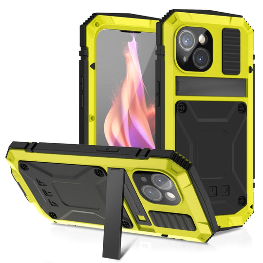 For iPhone 15 Plus R-JUST Shockproof Life Waterproof Dust-proof Metal + Silicone Phone Case with Holder(Yellow)