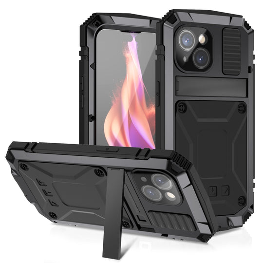 For iPhone 15 R-JUST Shockproof Life Waterproof Dust-proof Metal + Silicone Phone Case with Holder(Black)
