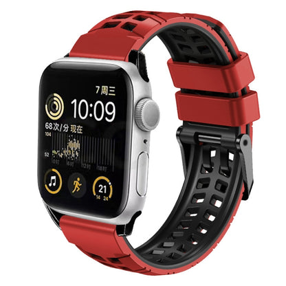 For Apple Watch SE 44mm Twill Dual-row Buckle Silicone Watch Band(Red Black) by buy2fix