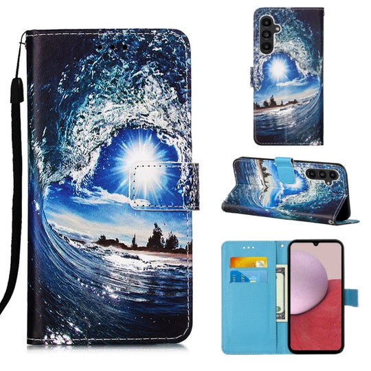 For Samsung Galaxy A25 5G / A24 Colored Drawing Pattern Plain Weave Leather Phone Case(Waves And Sun)