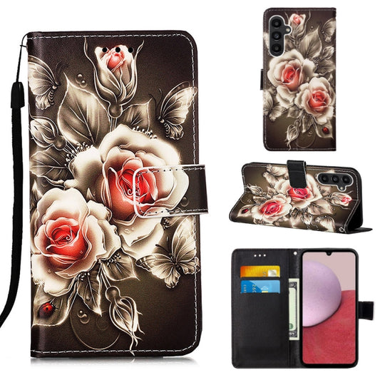 For Samsung Galaxy A15 Colored Drawing Pattern Plain Weave Leather Phone Case(Roses On Black)