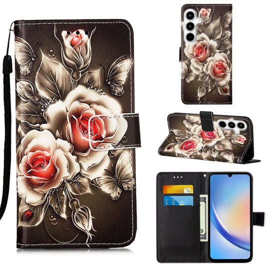 For Samsung Galaxy A35 5G Colored Drawing Pattern Plain Weave Leather Phone Case(Roses On Black)